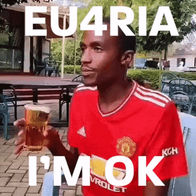a man in a red shirt is holding a glass of beer and the words eu4ria i 'm ok are above him