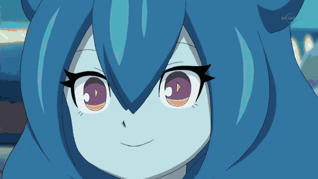 a cartoon character with blue hair is smiling and making a peace sign with her hand