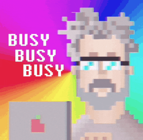 pixel art of a man with the words busy busy busy above him