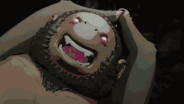 a cartoon character with a beard and pink eyes is laying down