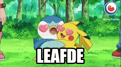 a cartoon of a penguin kissing a pikachu with the word leafde on the bottom