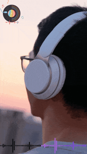 a man wearing white headphones with a record on the background