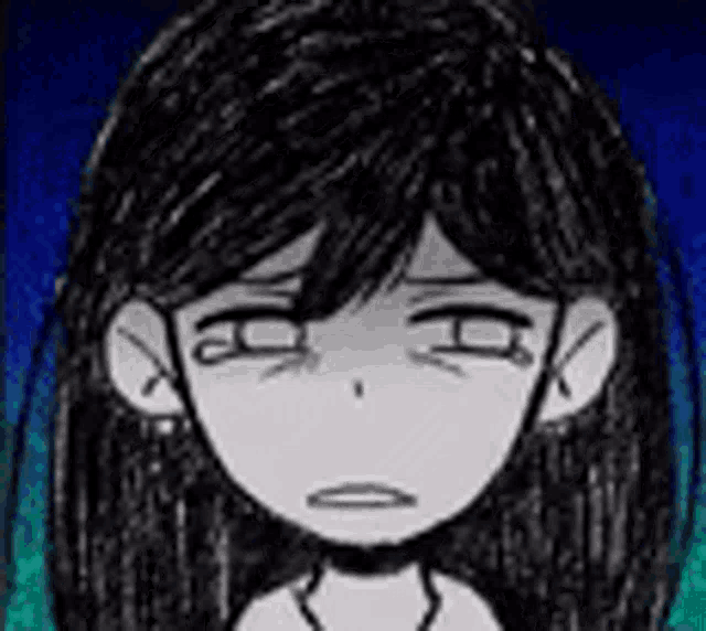 a black and white drawing of a girl with long hair and a sad look on her face .
