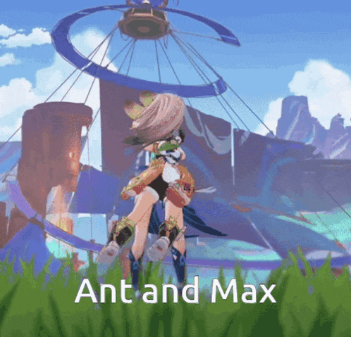 a cartoon character is standing in the grass with the words " ant and max " written below her