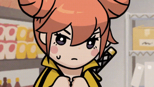 a cartoon drawing of a girl holding a sword with a yellow jacket on