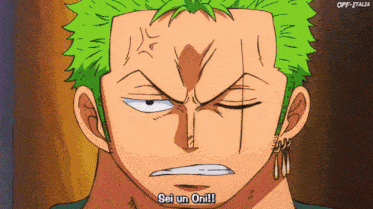 a cartoon character with green hair says " sei un oni "
