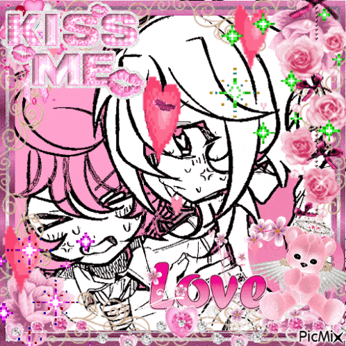 a black and white drawing of a girl with the words kiss me love written on it