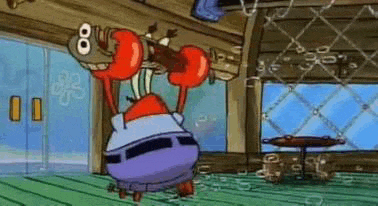 a cartoon character from spongebob squarepants is standing in a room holding a dumbbell over his head .