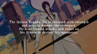 the quinta espada is obsessed with strength and aims to become the strongest he uses frontal attacks and relies on his hierro