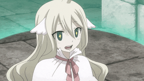 a girl with white hair and a pink bow on her neck