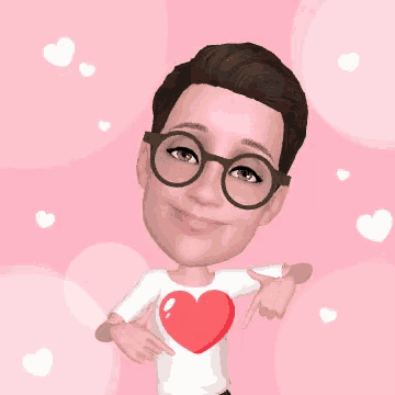 a man wearing glasses and a white shirt with a heart on it