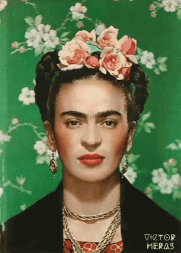a portrait of frida kahlo by victor heras with flowers in her hair