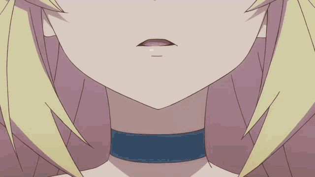 a close up of a person 's face with a blue choker around their neck