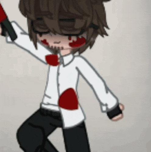 a cartoon character with blood on his face is holding a microphone