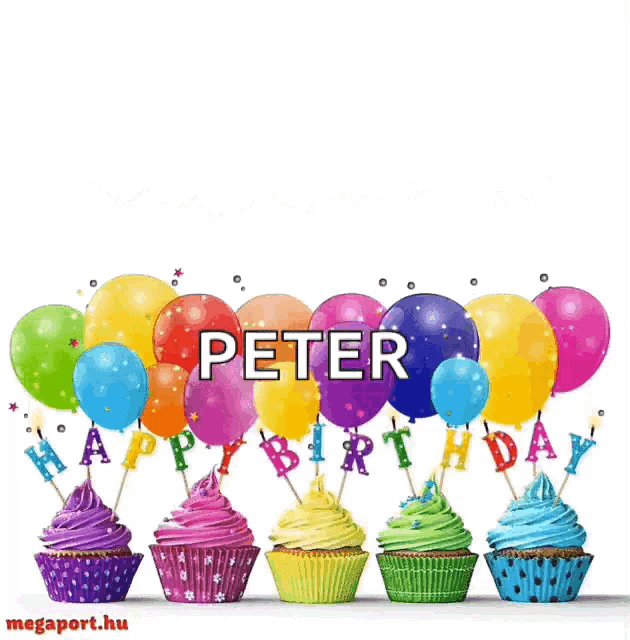 a birthday card for peter with cupcakes and balloons in the background