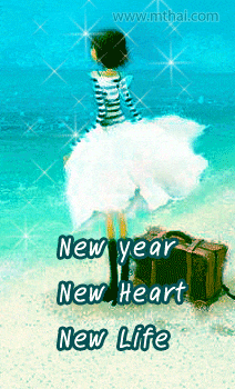 a girl in a white dress is standing on a beach next to a suitcase with the words new year new heart new life below her