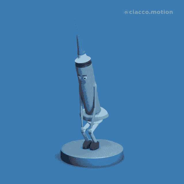 a cartoon drawing of a syringe with a face and arms and legs on a blue background