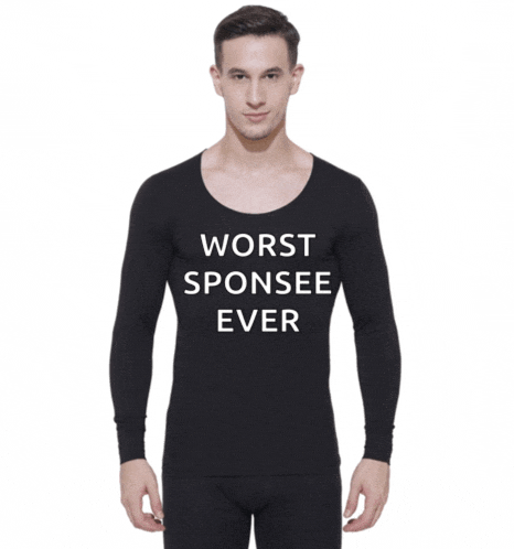a man wears a black shirt that says worst sponse ever