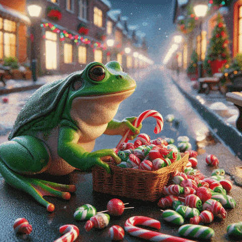 a green frog is holding a candy cane next to a basket of candy canes