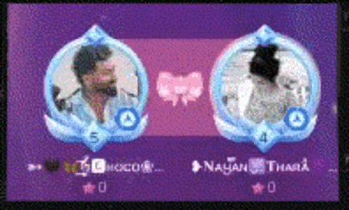 a man and a woman are standing next to each other on a purple background ..