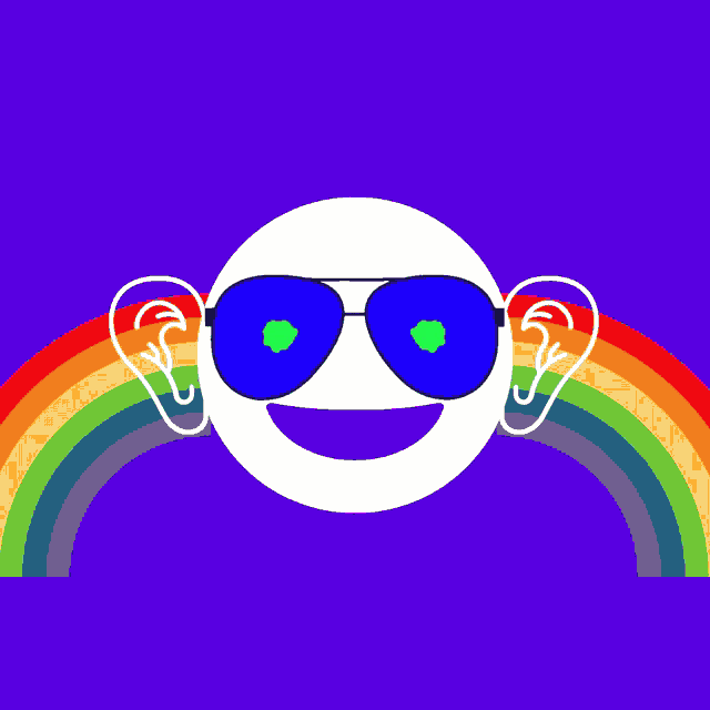 a smiley face wearing sunglasses with a rainbow in the background
