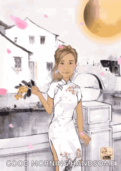 a cartoon of a woman in a white dress with the words good morning handsome