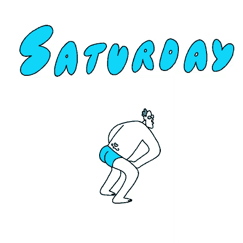 a cartoon of a man in blue swim trunks squatting down with the word saturday in the background .