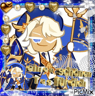 a picture of a cookie run character in a blue and white outfit