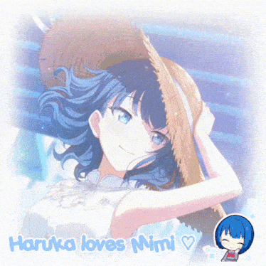a girl with blue hair wearing a straw hat with the words haruka loves mimi written below her