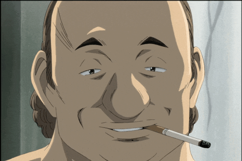 a man with a cigarette in his mouth smiles at the camera