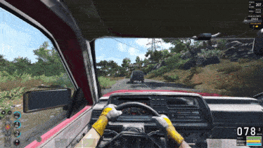a screenshot of a video game shows a car driving down a road with the number 078 on the dashboard