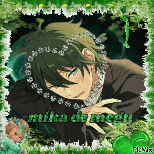 a picture of a man with green hair and the name mika de megu