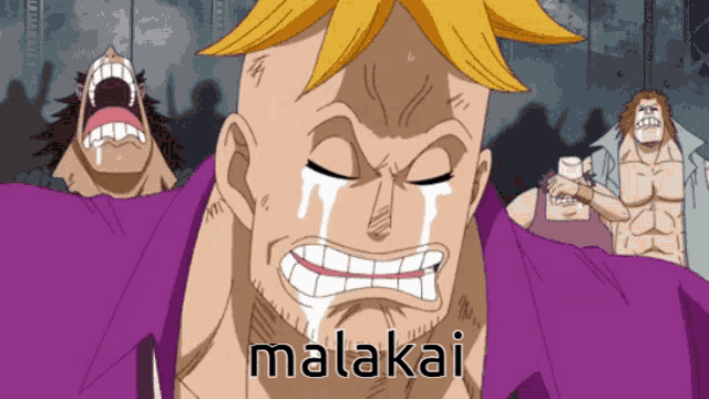 a man with yellow hair is crying with the word malakai written below him