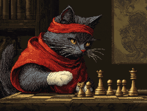 a pixel art of a cat wearing a red cape playing chess