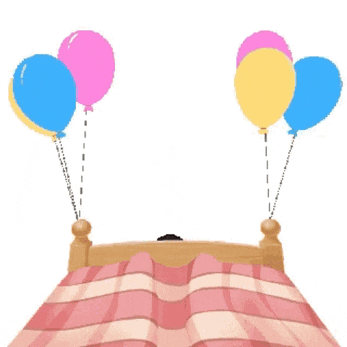 a cartoon of a girl in bed with balloons and the words it 's your birthday