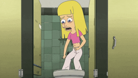 a cartoon girl is standing on a toilet