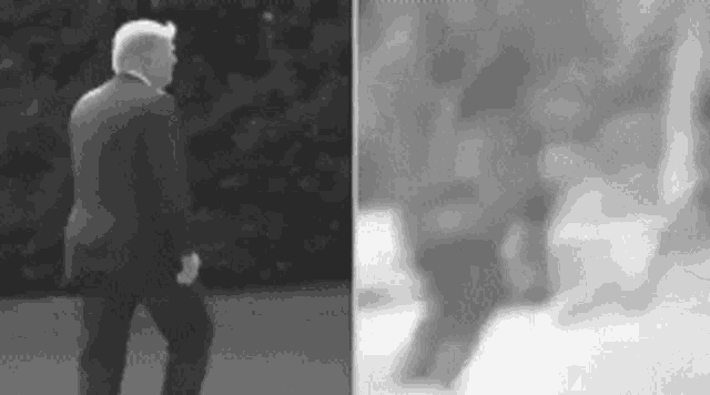 a black and white photo of donald trump walking in a park .