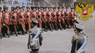 a group of soldiers are marching in front of a coat of arms