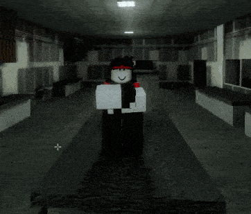 a roblox character standing in a dark room with a red shirt on