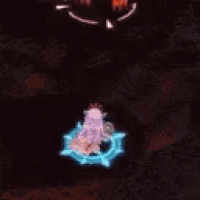 a video game character is surrounded by flames and a blue circle