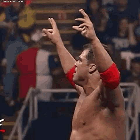 a shirtless wrestler with red wristbands is standing in a ring with his hands in the air .