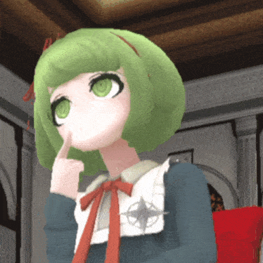 a girl with green hair and a red bow