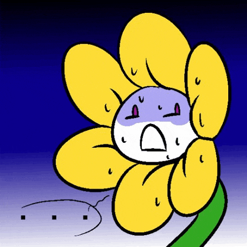 a cartoon drawing of a flower with a purple face and a green stem .