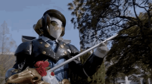 a robot holding a sword and a flower in his hand