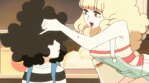 a cartoon of a woman pointing at a child 's head