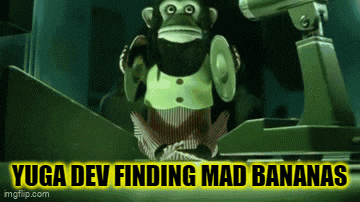 a cartoon monkey with the words yuga dev finding mad bananas