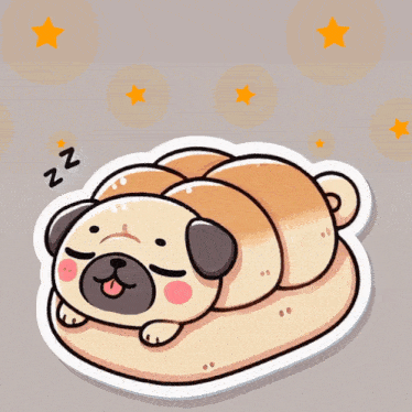a pug dog is sleeping on a loaf of bread with the words good night written below it