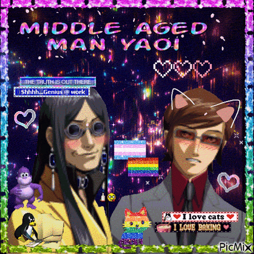 a picture of two anime characters with the words middle aged man yaoi written above them