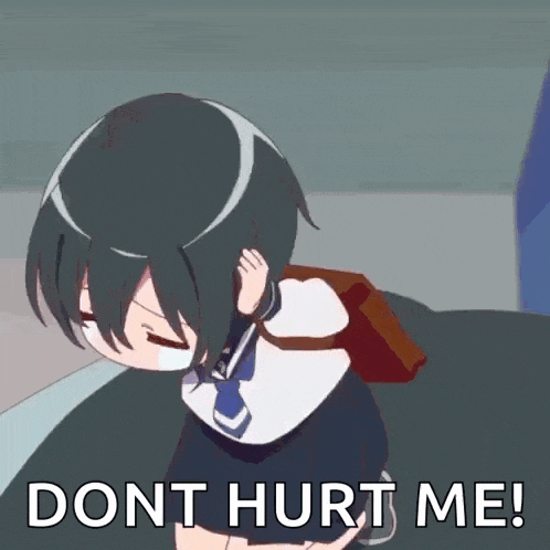 a girl in a school uniform is holding her ear and saying dont hurt me