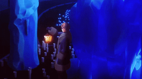 a man in a fur coat is holding a lantern in front of a blue background